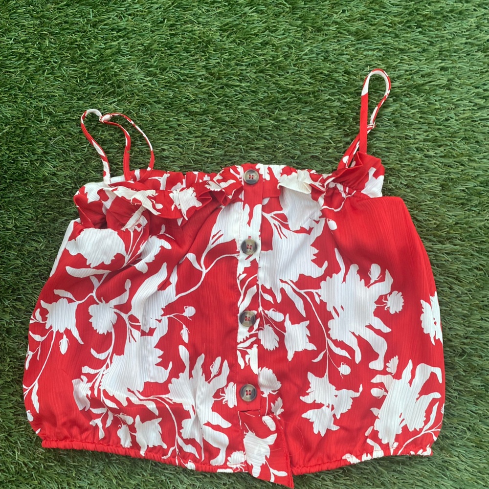 Red and White Floral Button-Up Crop Top size L